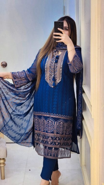 4 Pcs Exclusive light Georgette ARI Work Dress (Unstitched) – Royal Blue