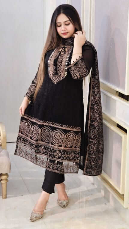 4 Pcs Exclusive light Georgette ARI Work Dress (Unstitched) – Black