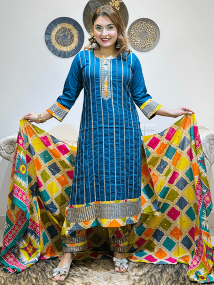 Muslin Cotton Afghani Style Three-Piece Set - Green