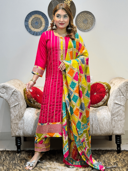 Muslin Cotton Afghani Style Three-Piece Set - Magenta