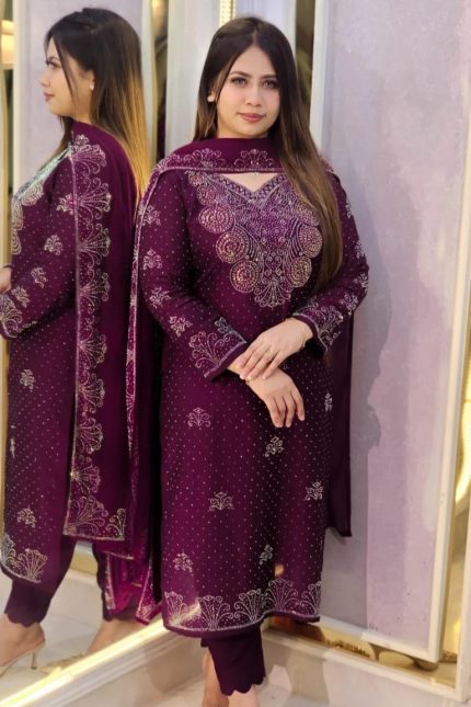 Premium 3-Piece Set with Real Mirror & Stone Work - Purple