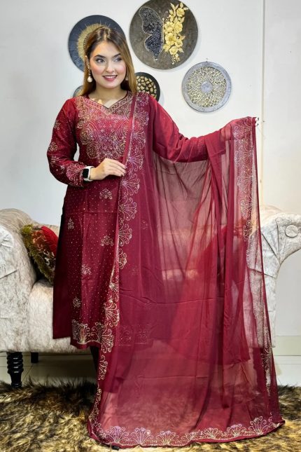 Premium 3-Piece Set with Real Mirror & Stone Work - Maroon