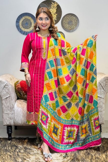Muslin Cotton Afghani Style Three-Piece Set - Magenta
