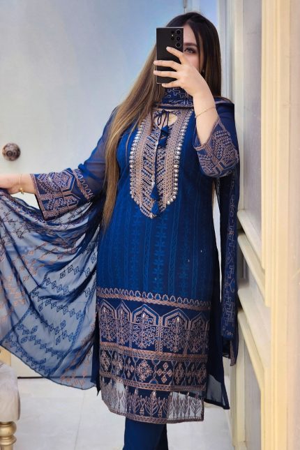 4 Pcs Exclusive light Georgette ARI Work Dress (Unstitched) – Royal Blue